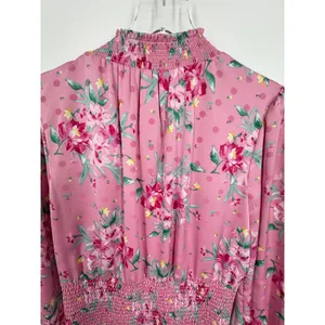 Wayf blouse women's large smocked high neck satin floral balloon sleeve pink thumbnail 5