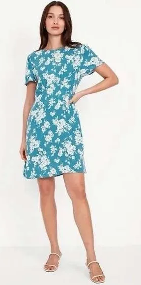NWT Old Navy Floral Mini Dress Size S Teal Blue Short Sleeve‎ Rayon Pockets thumbnail 1