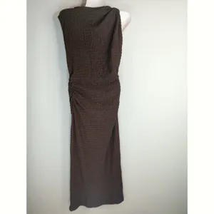 Zara Expresso Brown Textured Knot Ruched Side Maxi Dress LARGE Modest‎ Preppy thumbnail 10