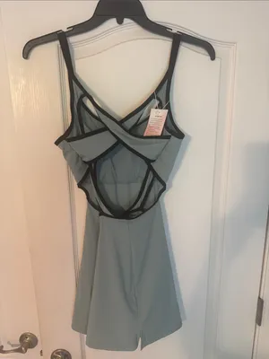 Amazon ReachMe Sage Green Strappy Tank Athletic Dress with Black Trim thumbnail 2