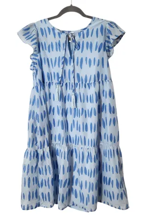 J. Marie Blue Print Ruffle Sleeve Tiered Mini Dress Size Medium NWT thumbnail 1