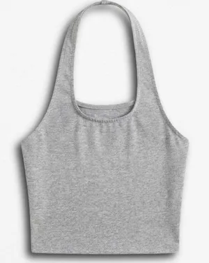 Unbranded Heather Gray‎ Halter Neck Crop Top Scoop Neck Stretch Jersey S/M thumbnail 1