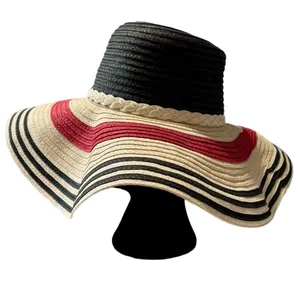 Lauren Ralph Lauren Large Black, Red, and Cream Striped Straw Hat thumbnail 1