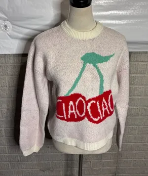 A New Day Pink Ciao Cherry Graphic Crewneck Sweater Women Small thumbnail 1