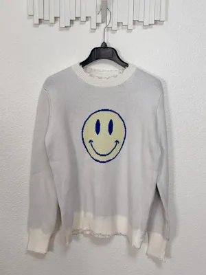 Miss Sparkling Smiley Face Graphic Distressed Knit Crewneck Sweater thumbnail 2