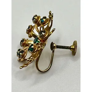 Vintage Gold Tone Cluster Starburst Statement Earrings Green‎ Stones Twist Backs thumbnail 5