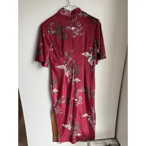 Burgundy Red‎ Crane Floral Pleated Qipao Cheongsam Dress Mandarin Collar L thumbnail 5