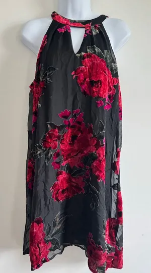 As U Wish Black Red Rose Velvet Burnout Halter Dress‎ M Romantic Party Goth thumbnail 1