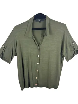 Coin 1804 Green Collared Short Roll Tab Sleeve Knit Button Up Blouse Size Large‎ thumbnail 1