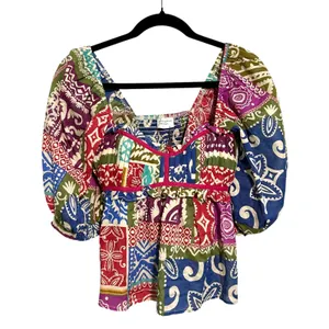 Dress Forum Los Angeles NWOT Multicolor Patchwork Square‎ Neck Puff Sleeve Top thumbnail 3