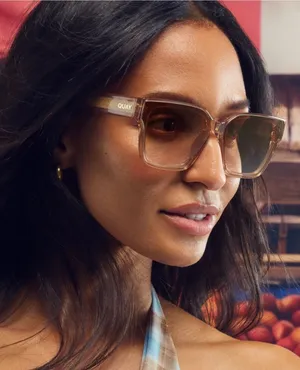 NIB Quay unisex Drive In 51mm Square Sunglasses in Crystal oat/sepia thumbnail 1