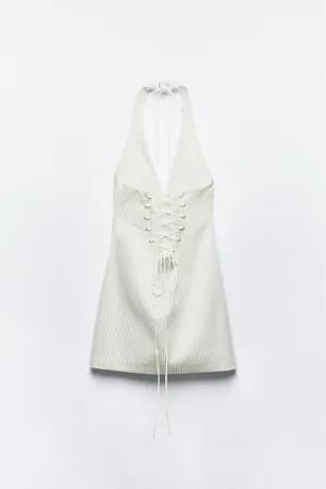 Zara dress mini halter neck striped white back tied casual summer vacation thumbnail 6