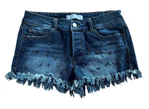No Boundaries Studded Fringe Denim Shorts | Juniors 9 thumbnail 1