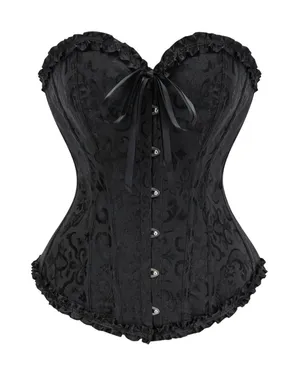Black Jacquard Overbust Corset Bustier with Ribbon Tie thumbnail 1