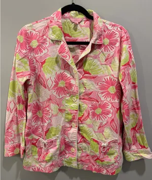 Lilly Pulitzer Floral Print Button-Down Bow Detail Long Sleeve Pajama Top Pink and Green thumbnail 1