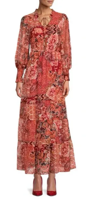 NWT Julia Jordan Floral Smocked Maxi Dress Long Sleeve Red Size 4 thumbnail 1