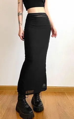 Black Minimalist Y2K Mesh Stretchy Flowy Elastic High Waisted Long Maxi Skirt thumbnail 1