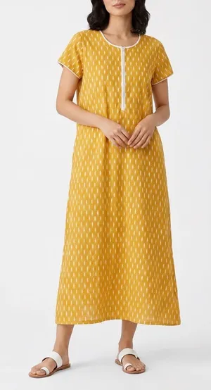 Shafali Mustard Yellow Ikat Print Maxi Dress XL Short Sleeve Zipper Front Kaftan thumbnail 1