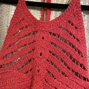 Crocheted burnt‎ rust orange high neck halter boho bikini swim top, size M/L thumbnail 4