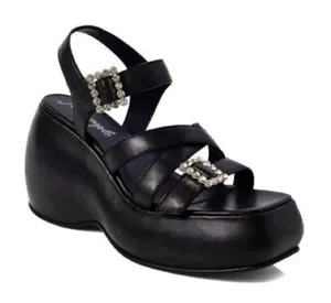 New Free People Brooklyn Ankle Strap Platform Sandal Black Leather Size 7.5 thumbnail 1