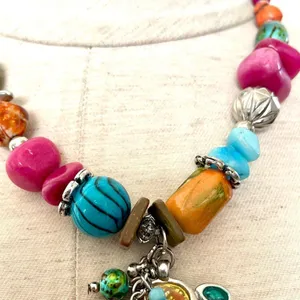 Colorful beaded silver tone pendant necklace thumbnail 10