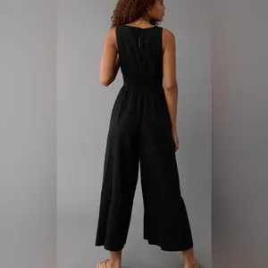 American Eagle Smocked V-Neck Jumpsuit Sz M Black Wide Leg Boho Jumpsuit thumbnail 2