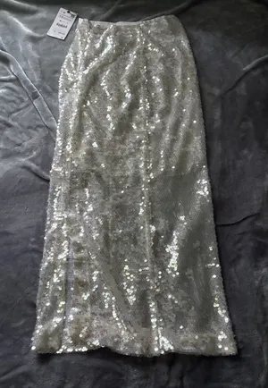 Vintage Zara Sequinned Shimmering Midi Skirt - White, GREY thumbnail 1