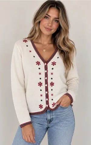 Vintage Sonoma Snowflake Cardigan V-Neck Knit Christmas Fair Isle Ivory Red Sz M thumbnail 1