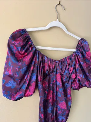 For Love & Lemons Floral Puff-Sleeve Square Neck Bodysuit in Magenta and Purple thumbnail 7