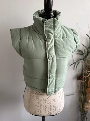 For Love‎ & Lemons Sage Green Cropped Puffer Vest XS Funnel Neck Quilted Padded thumbnail 1