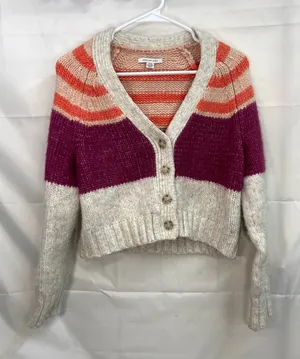 American Eagle women's cream striped button front v-neck‎ thick wool sweater S thumbnail 1