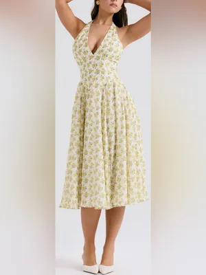 NEW HOUSE OF CB SOLADA Ivory Floral Print Georgette Halter Sz S plus cup thumbnail 2