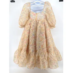 Selkie Hans Christian French Puff Dress‎ Yellow Floral Organza Midi Medium EUC thumbnail 8
