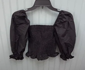 Zara Black Smocked Puff Sleeve Crop Top‎ Square Neck Ruffle Hem Women XS thumbnail 1