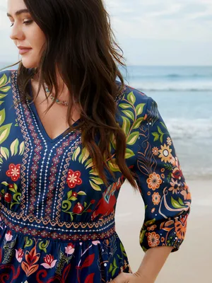 BloomChic Blue Floral Boho Dress V-Neck 3/4 Sleeve Midi Size 10 thumbnail 2