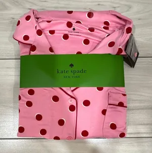 NWT Kate Spade New York Long Sleeve Knit Notch Collar Pajama Set in pink with re thumbnail 1