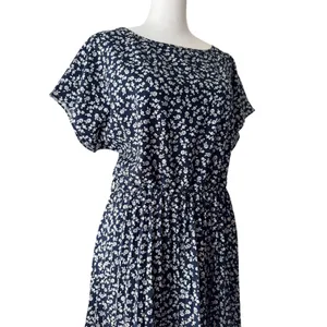 Navy & White Floral Pleated Scoop Neck Elastic Waist Short Sleeve Midi Dress thumbnail 5