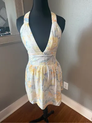 Abercrombie & Fitch Linen Blend floral mini dress shorts underneath small thumbnail 2