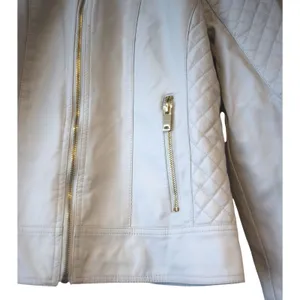 Giacca Moto Jacket‎ Women Medium Off-White NEW Quilted Faux Leather Zip thumbnail 4