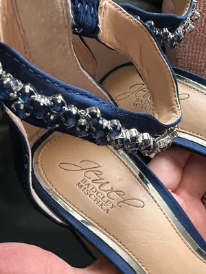 Jewel BADGLEY MISCHKA Embellished Navy Ankle-Strap Block Heel Sandal 7.5 thumbnail 9