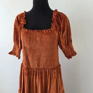 Burnt Orange Copper Velvet Maxi Dress Tiered Smocked Holiday Party Christmas M thumbnail 3