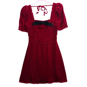 Wayf XS Velvet Puff Sleeve Mini Dress Red Bow Holiday‎ Party Romantic Valentines thumbnail 3