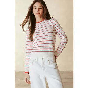 27 Miles Malibu Leah Cotton Striped Crew Sweater in Cloud White Flame red NEW XS thumbnail 9