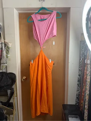 Women’s Linen Blend Colorblock Pink & Orange Sleeveless Maxi Dress. Size: XL thumbnail 2