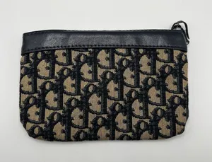 Vtg 1980s Christian Dior Navy Blue Trotter Canvas and Leather Zip Pouch Wallet thumbnail 1