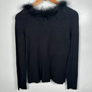 Vintage Y2K Max Studio‎ Small Sweater Feather Trim Black Long Sleeve Rayon Blend thumbnail 3