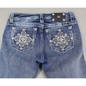 Miss‎ Me Womens Mid Rise Boot Jeans 29x28.5 Rhinestone Embroidery Denim Cross thumbnail 2