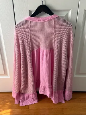 POL Open Front Pink Waffle Knit and Gauze Open Front Cardigan thumbnail 3