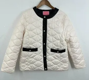 Kate Spade‎ Quilted Puffer Coat Jacket Ivory Black Trim Pearl Buttons Size L thumbnail 1