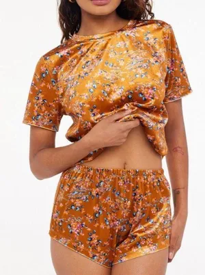 Savage X Fenty Psychedelic Velvet Floral Top & Shorts Sleep Pajama Set Orange thumbnail 1